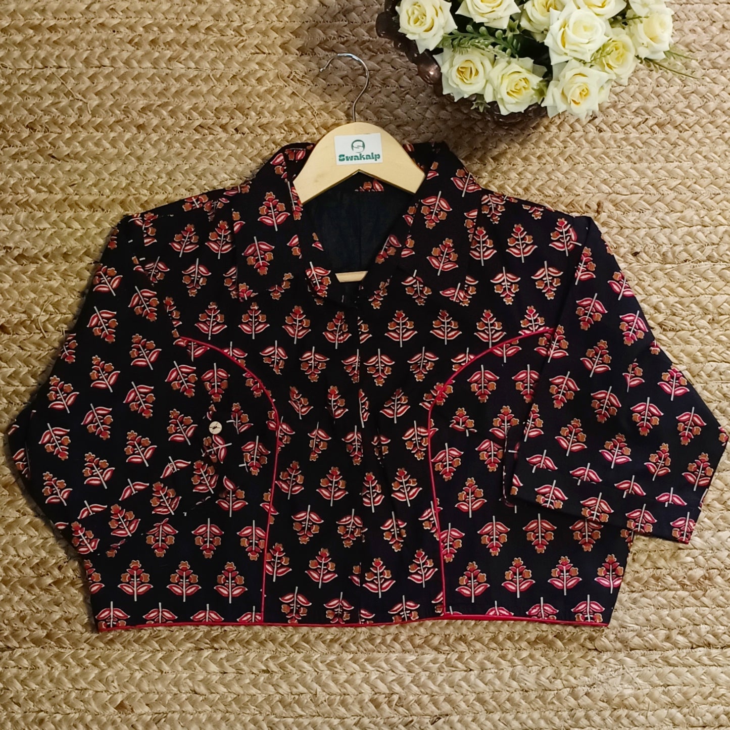Black Printed Cotton Collar Neck Blouse/Croptop