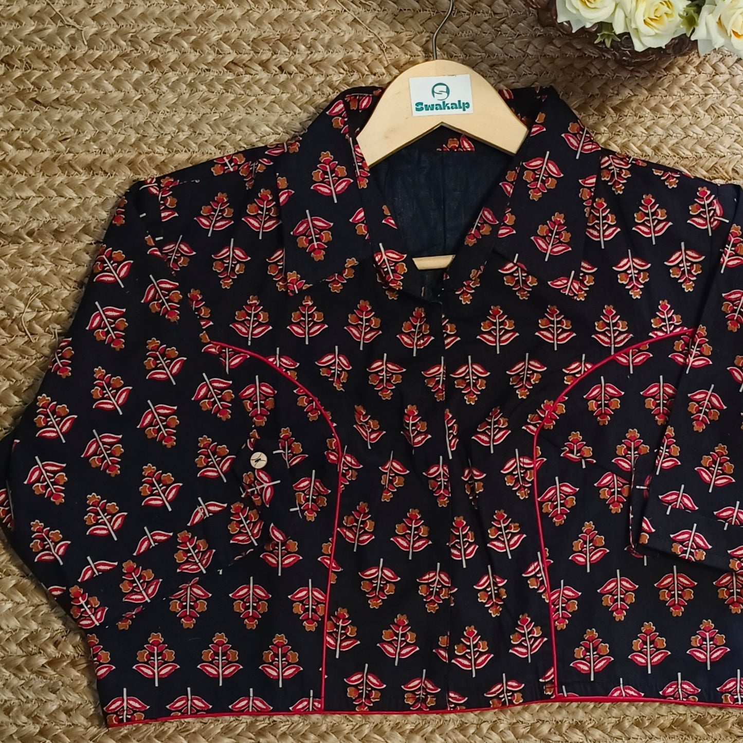 Black Printed Cotton Collar Neck Blouse/Croptop