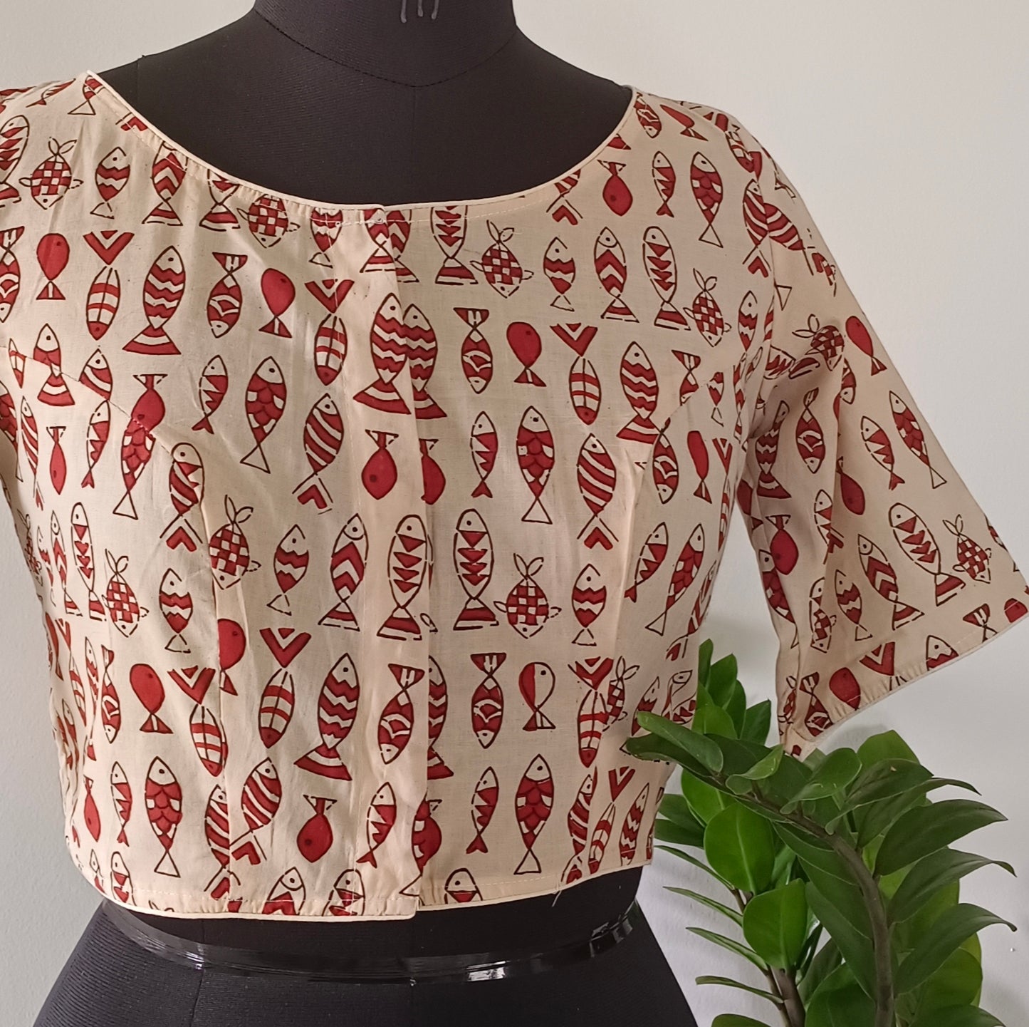 Beige Printed Cotton Blouse with Boat Neck