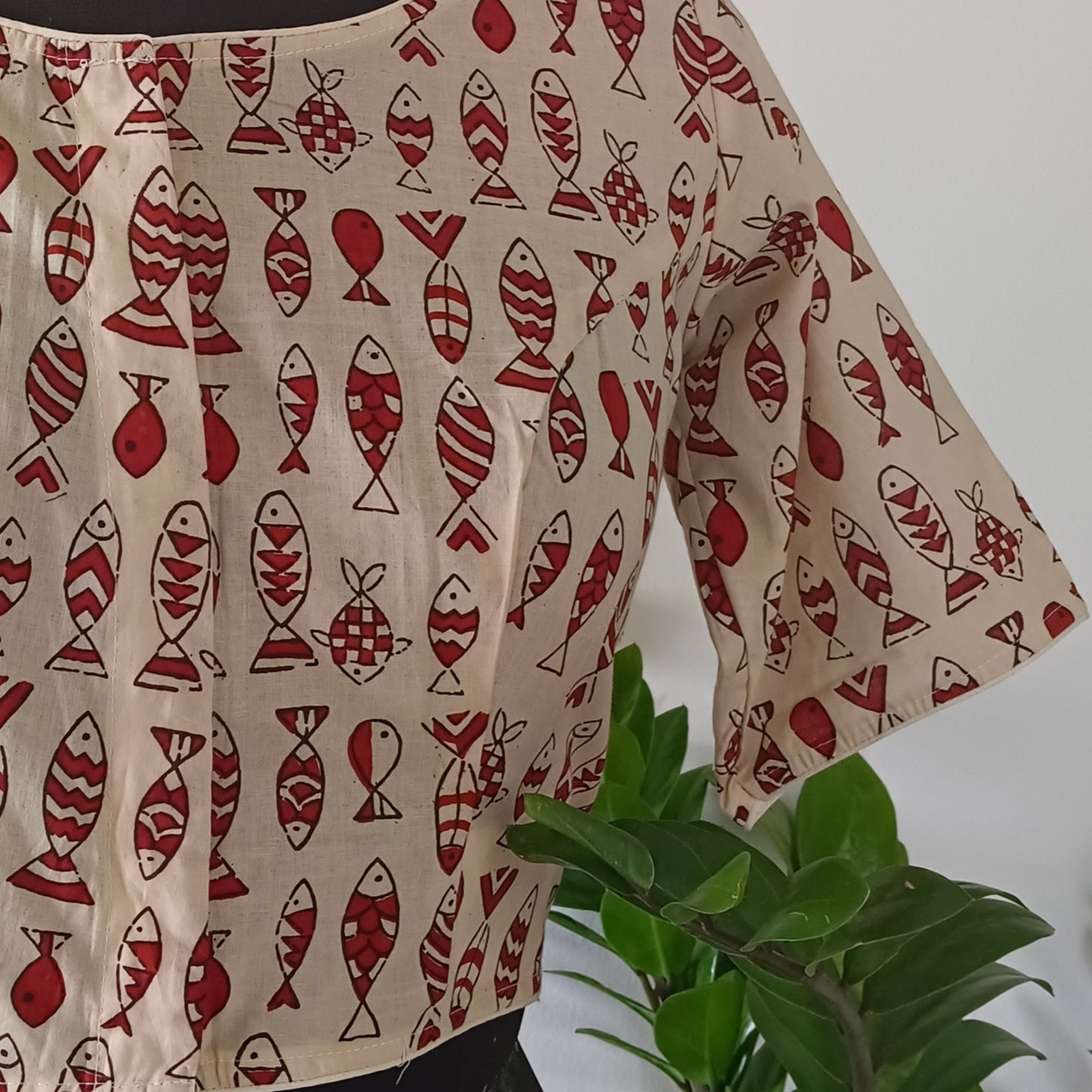 Beige Printed Cotton Blouse with Boat Neck