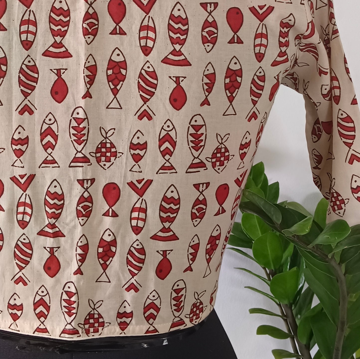 Beige Printed Cotton Blouse with Boat Neck