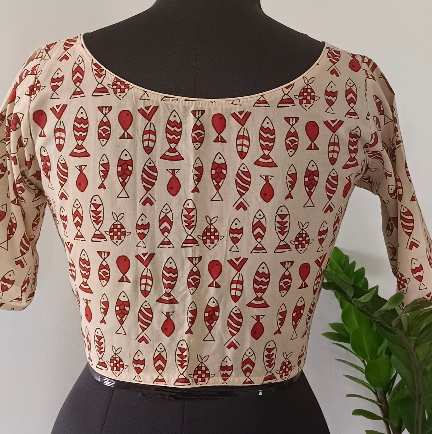 Beige Printed Cotton Blouse with Boat Neck
