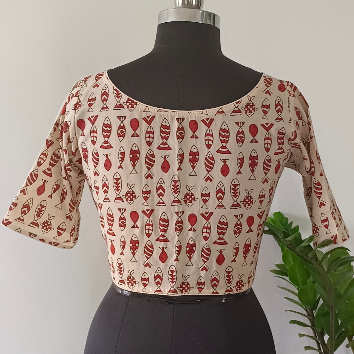 Beige Printed Cotton Blouse with Boat Neck