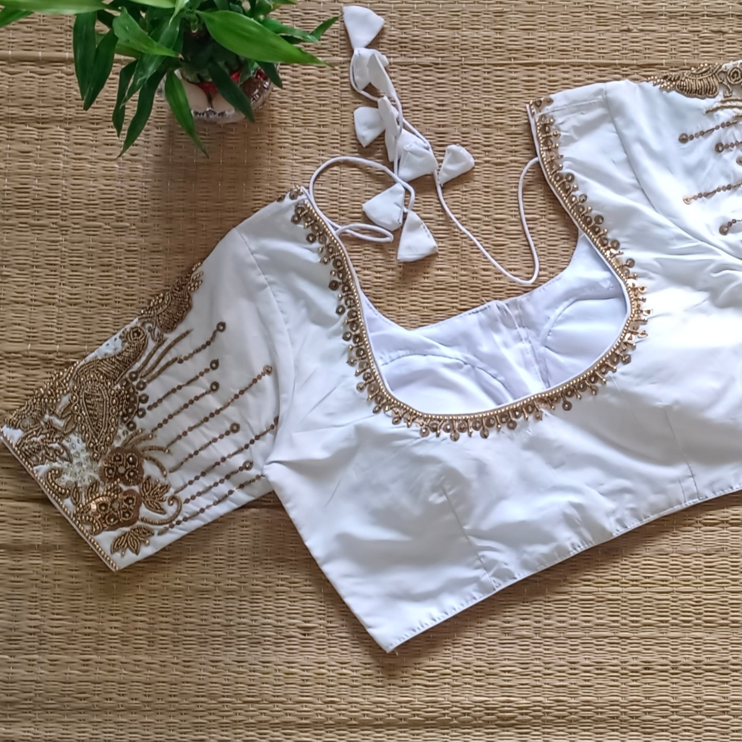 Off white Silk blouse with golden beads hand work