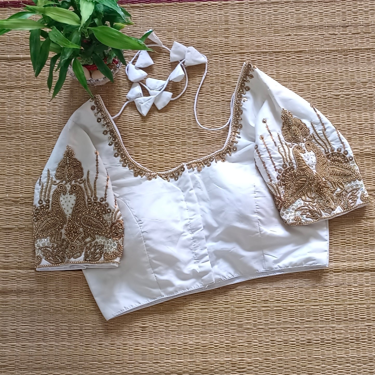 Off white Silk blouse with golden beads hand work