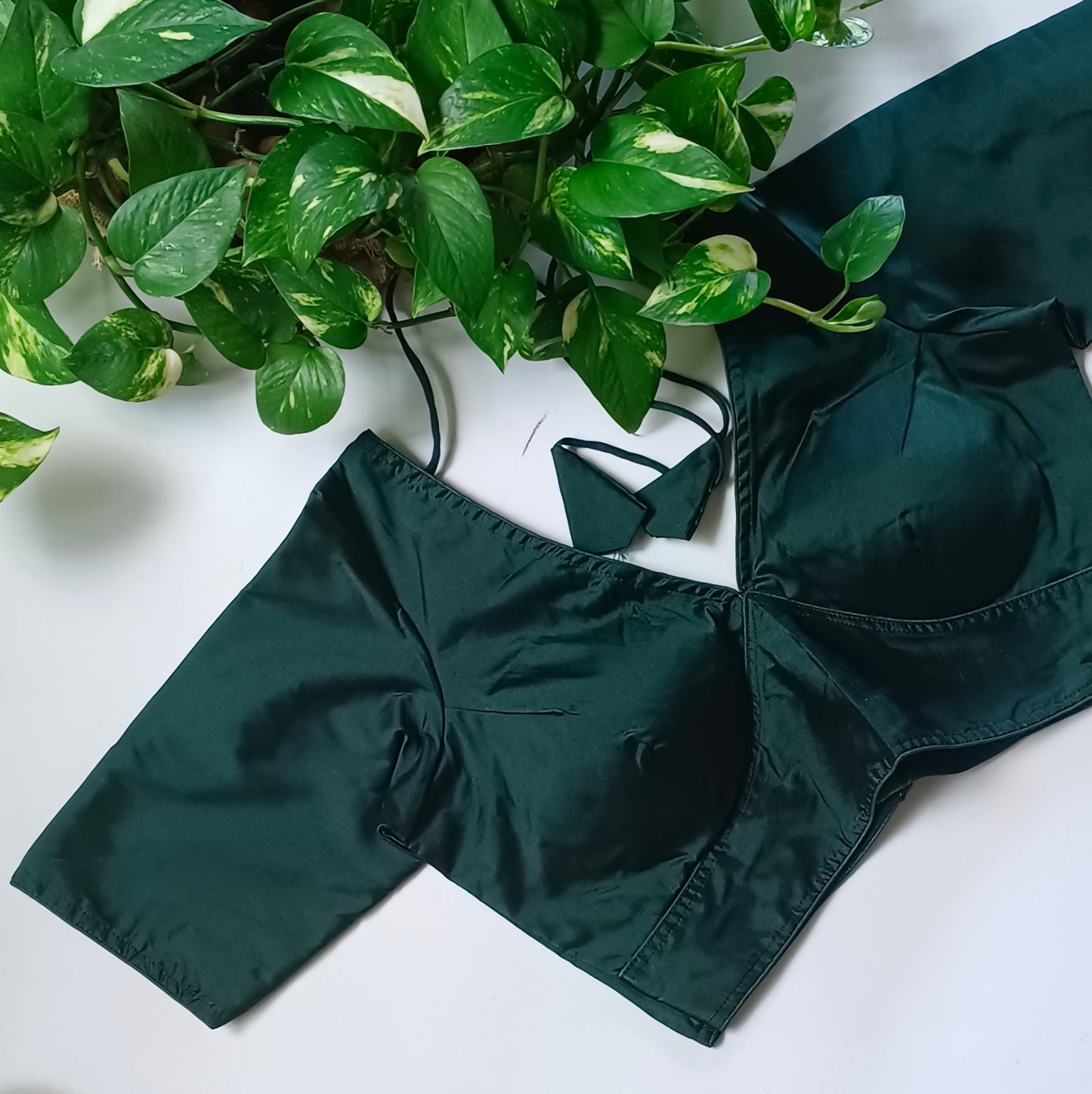 Bottle Green plain V-neck silk blouse with elbow sleeves