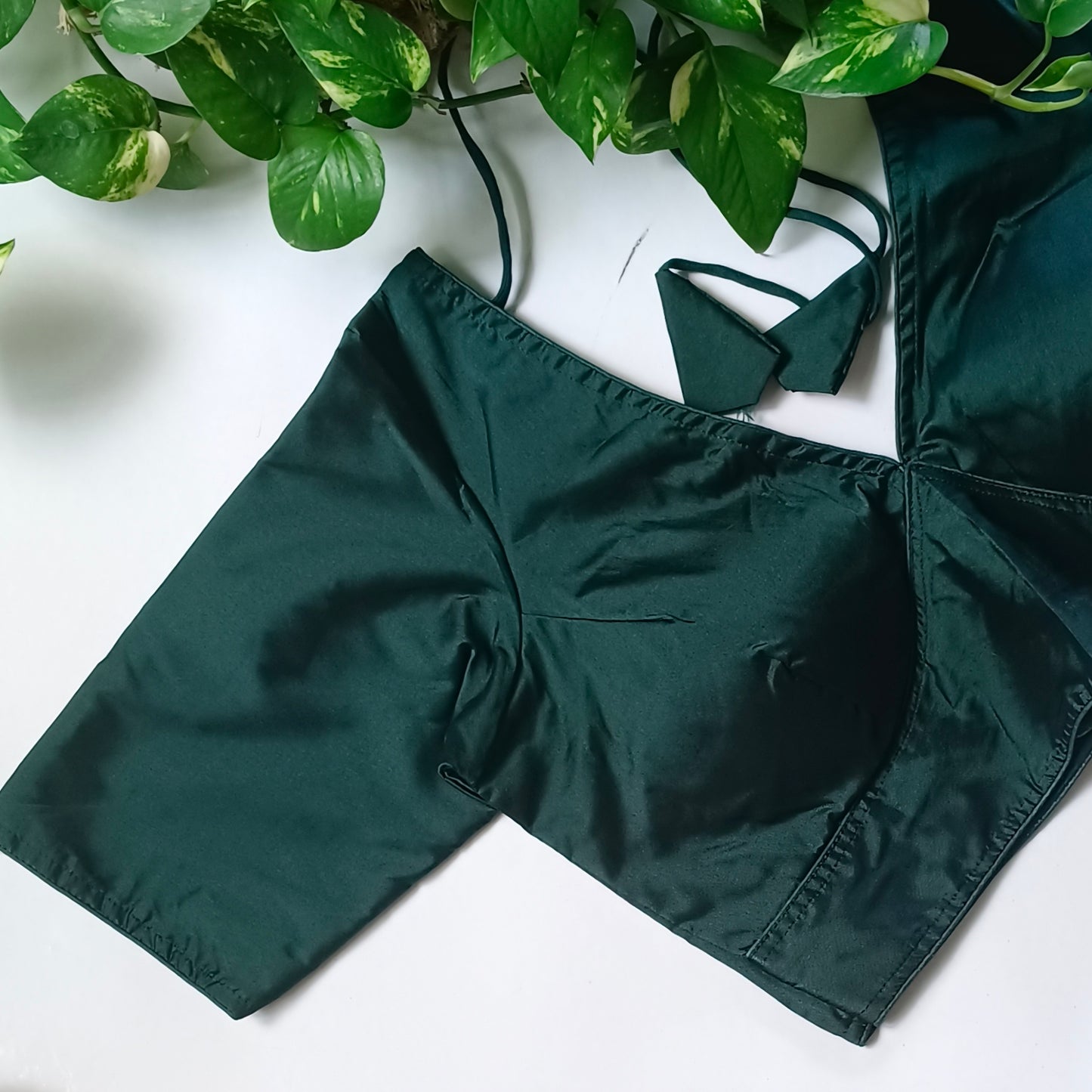 Bottle Green plain V-neck silk blouse with elbow sleeves