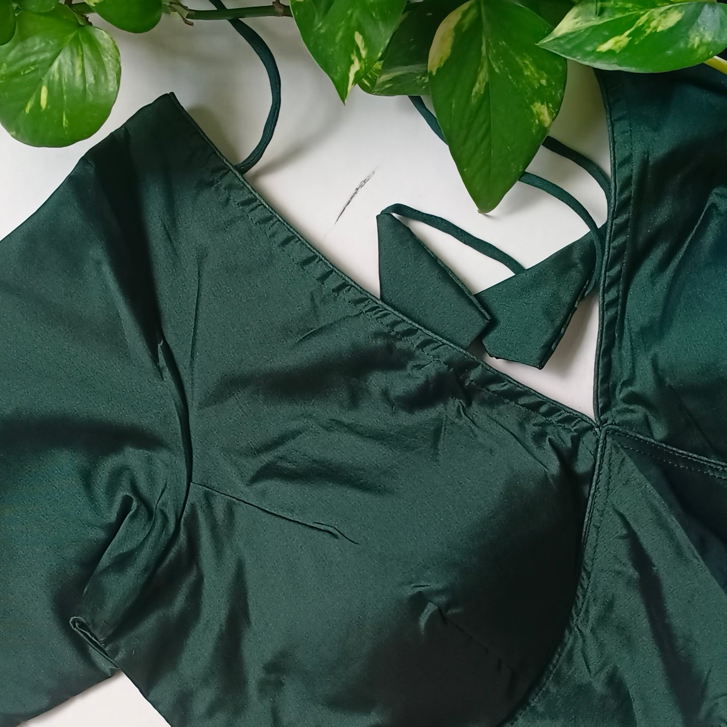 Bottle Green plain V-neck silk blouse with elbow sleeves
