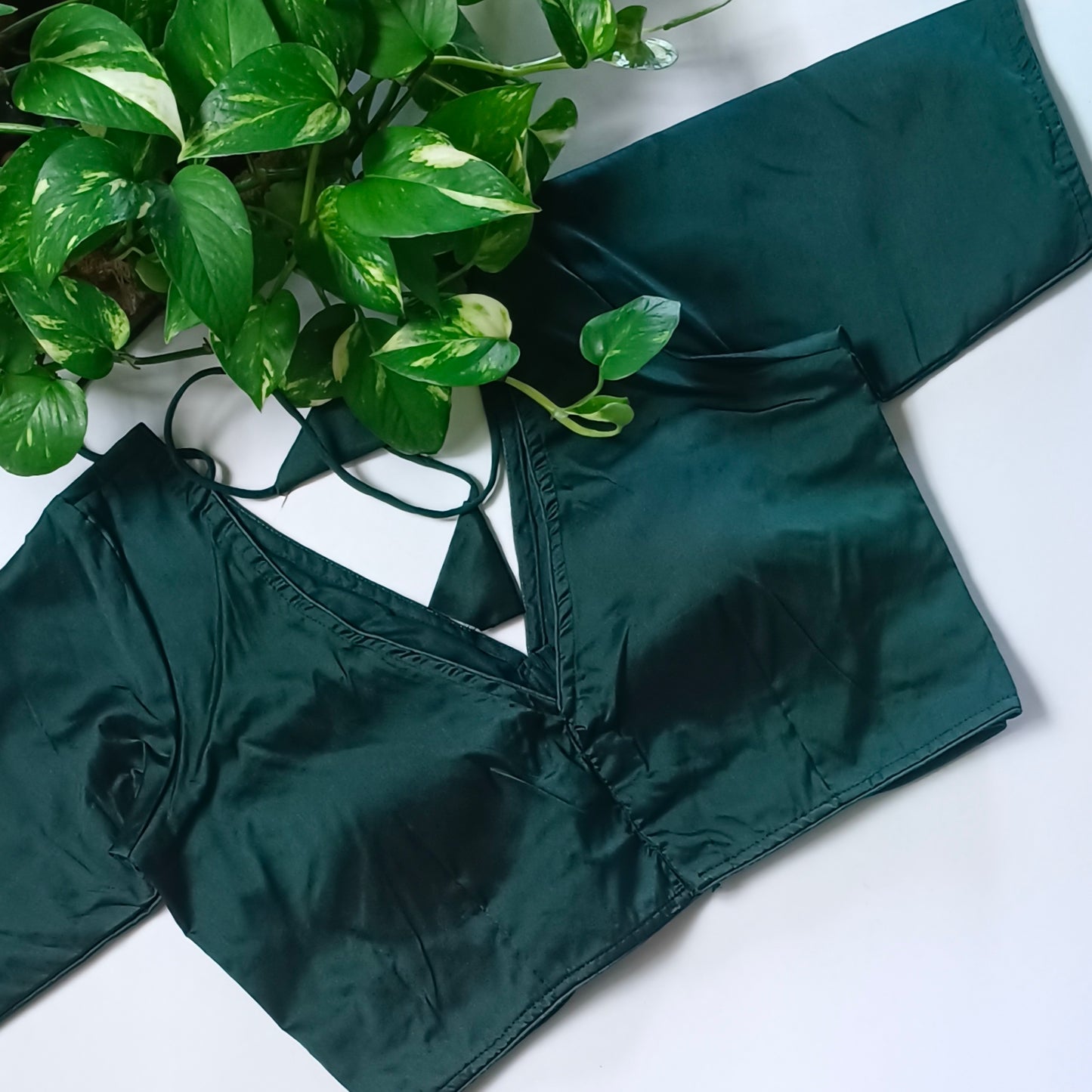 Bottle Green plain V-neck silk blouse with elbow sleeves