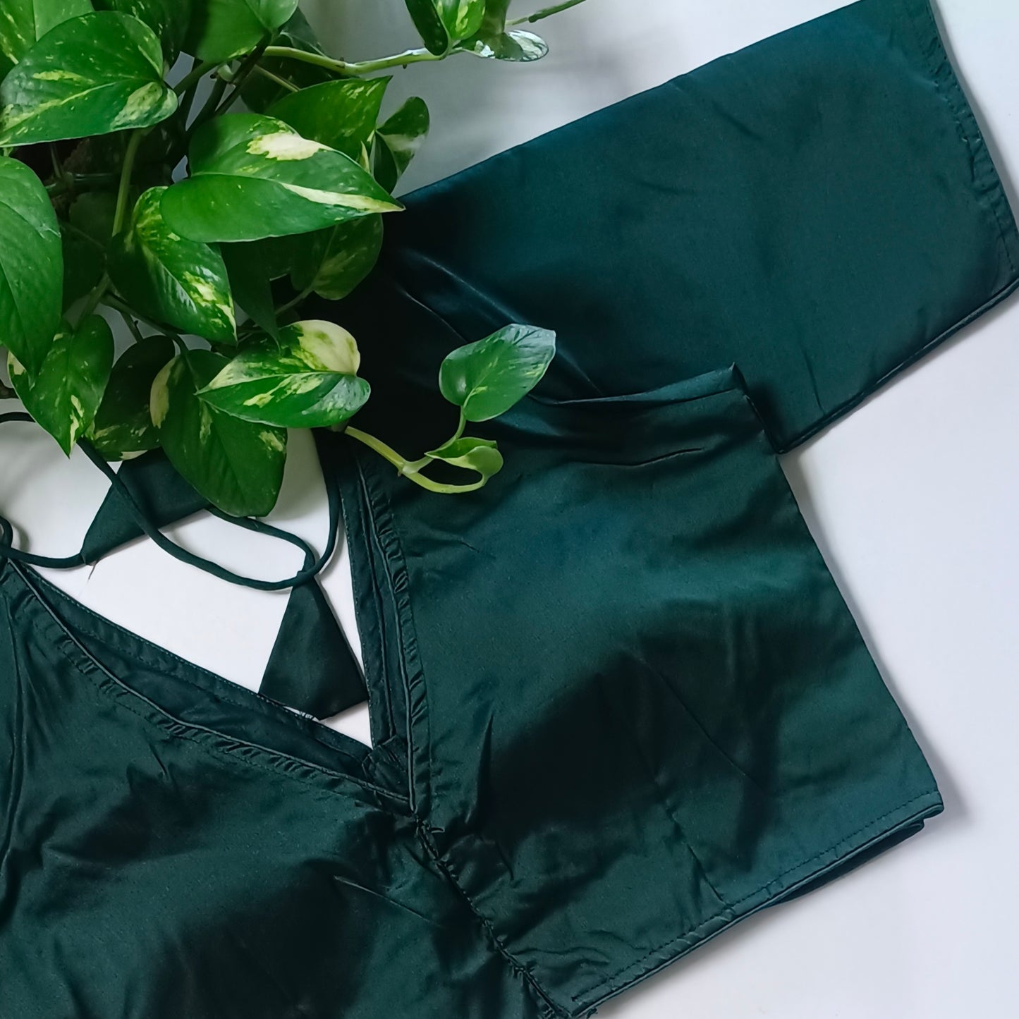 Bottle Green plain V-neck silk blouse with elbow sleeves