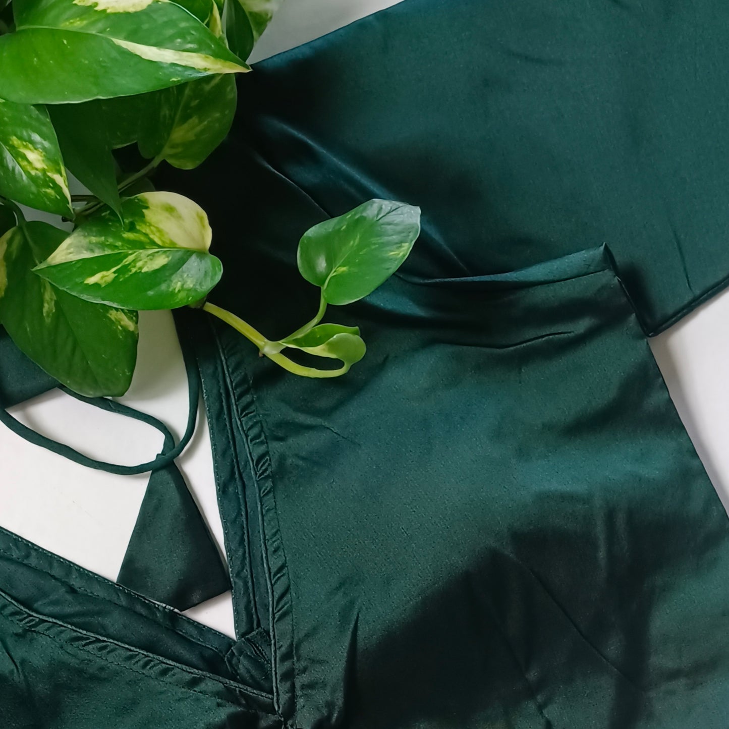 Bottle Green plain V-neck silk blouse with elbow sleeves