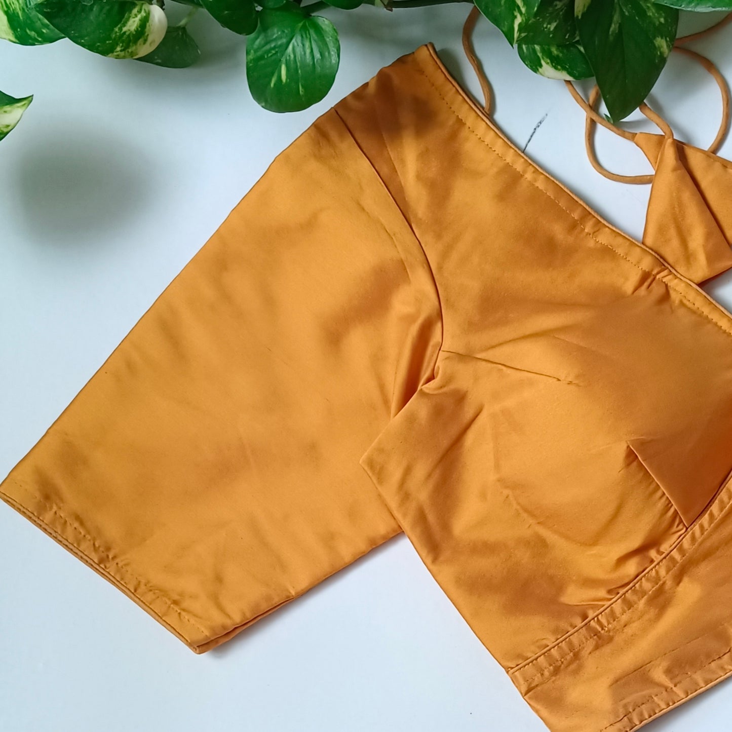 Mustard yellow plain V-neck silk blouse with elbow sleeves