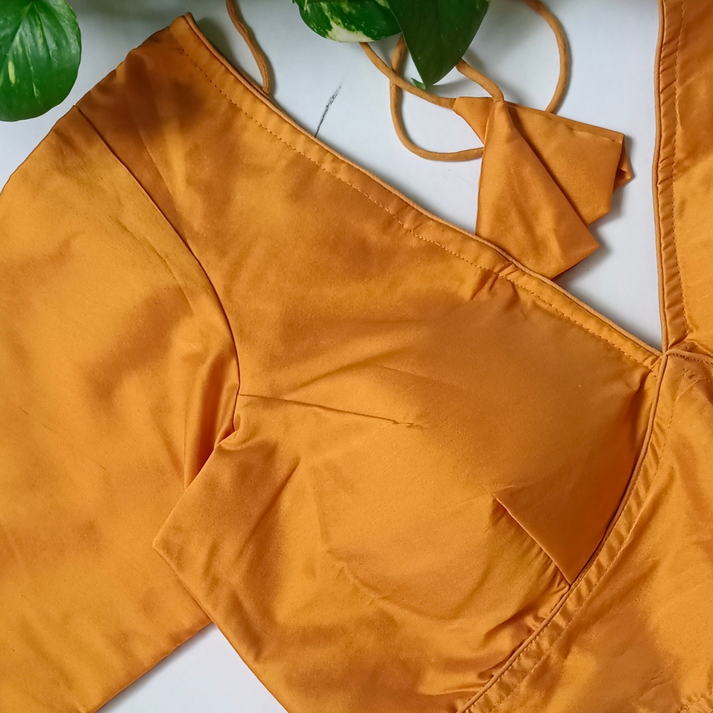 Mustard yellow plain V-neck silk blouse with elbow sleeves