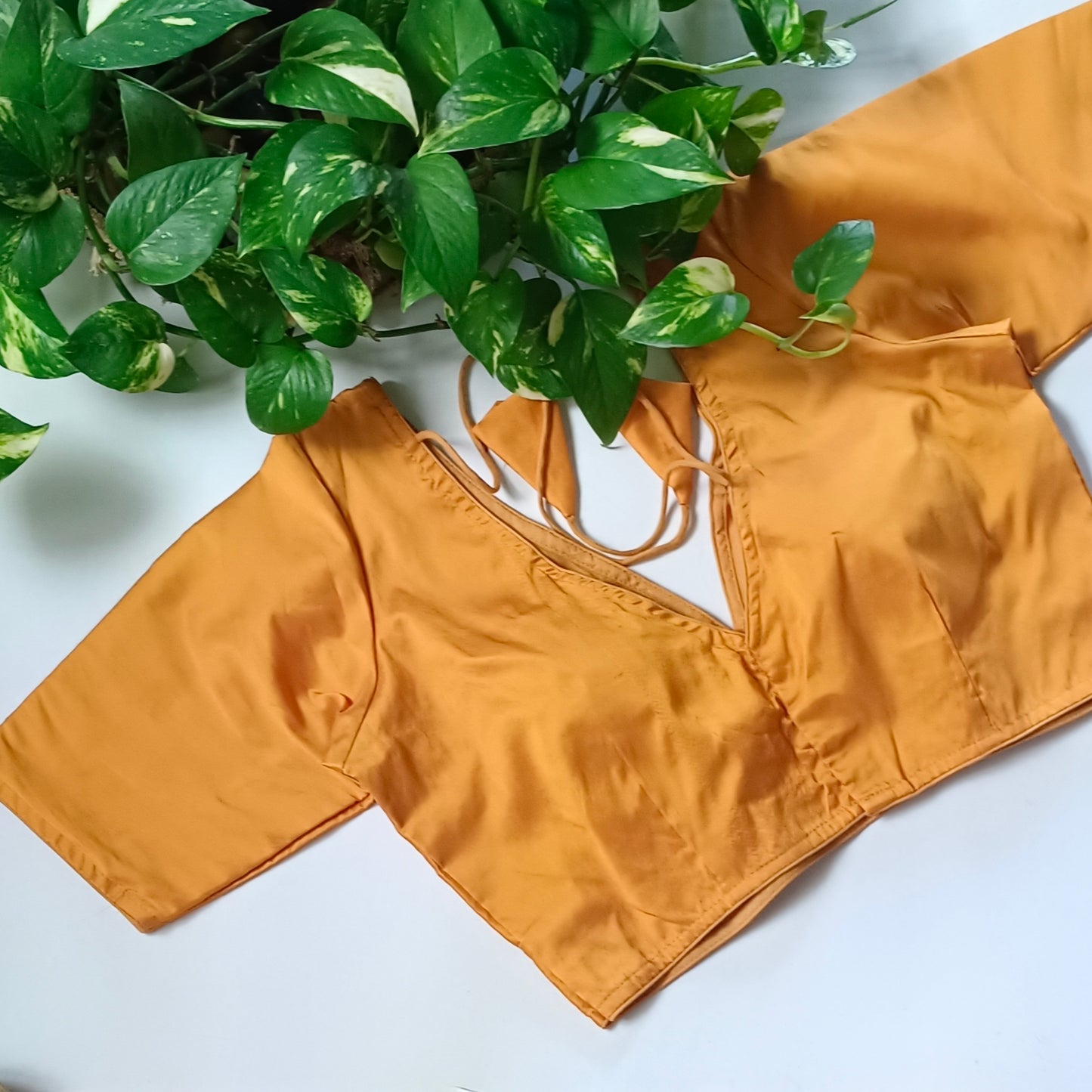 Mustard yellow plain V-neck silk blouse with elbow sleeves