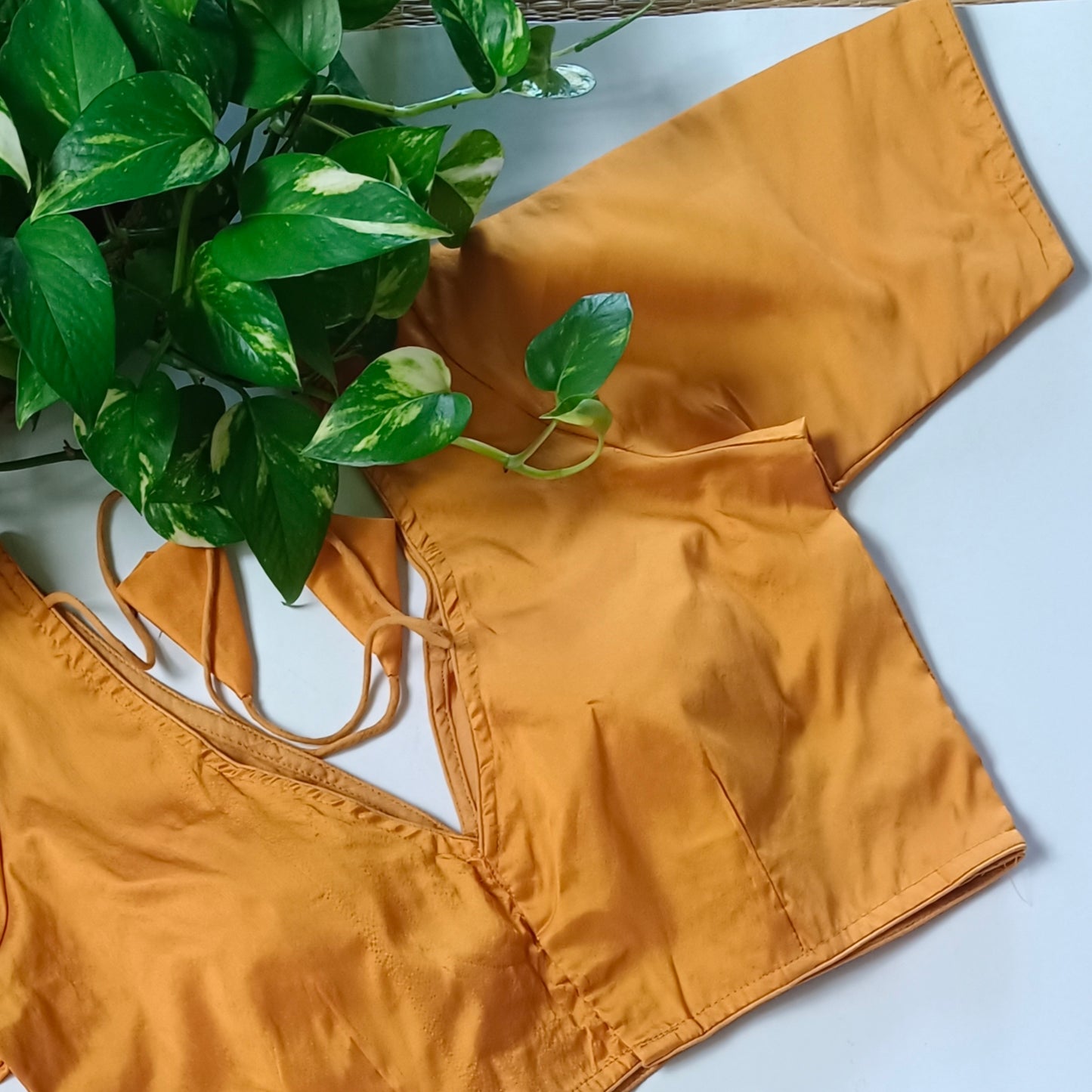 Mustard yellow plain V-neck silk blouse with elbow sleeves