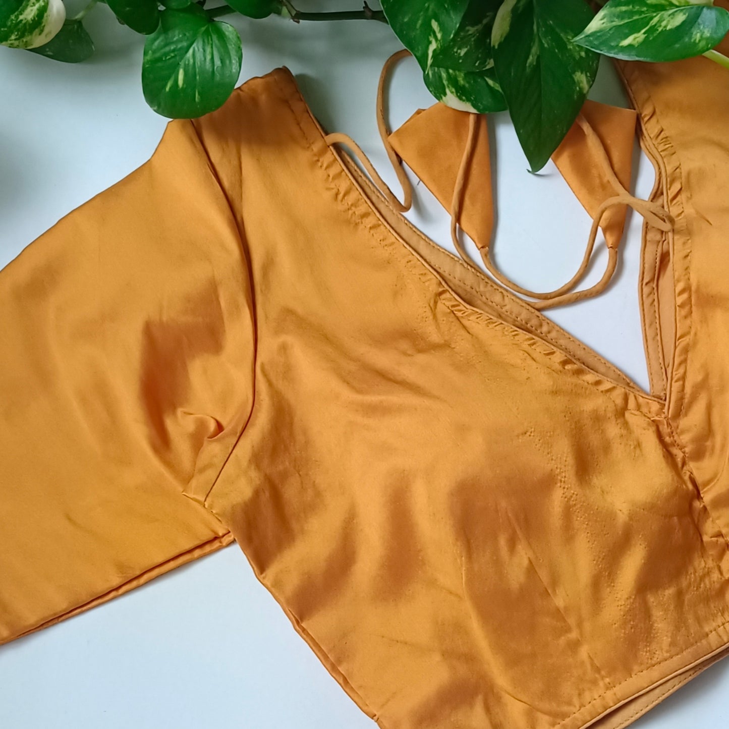 Mustard yellow plain V-neck silk blouse with elbow sleeves