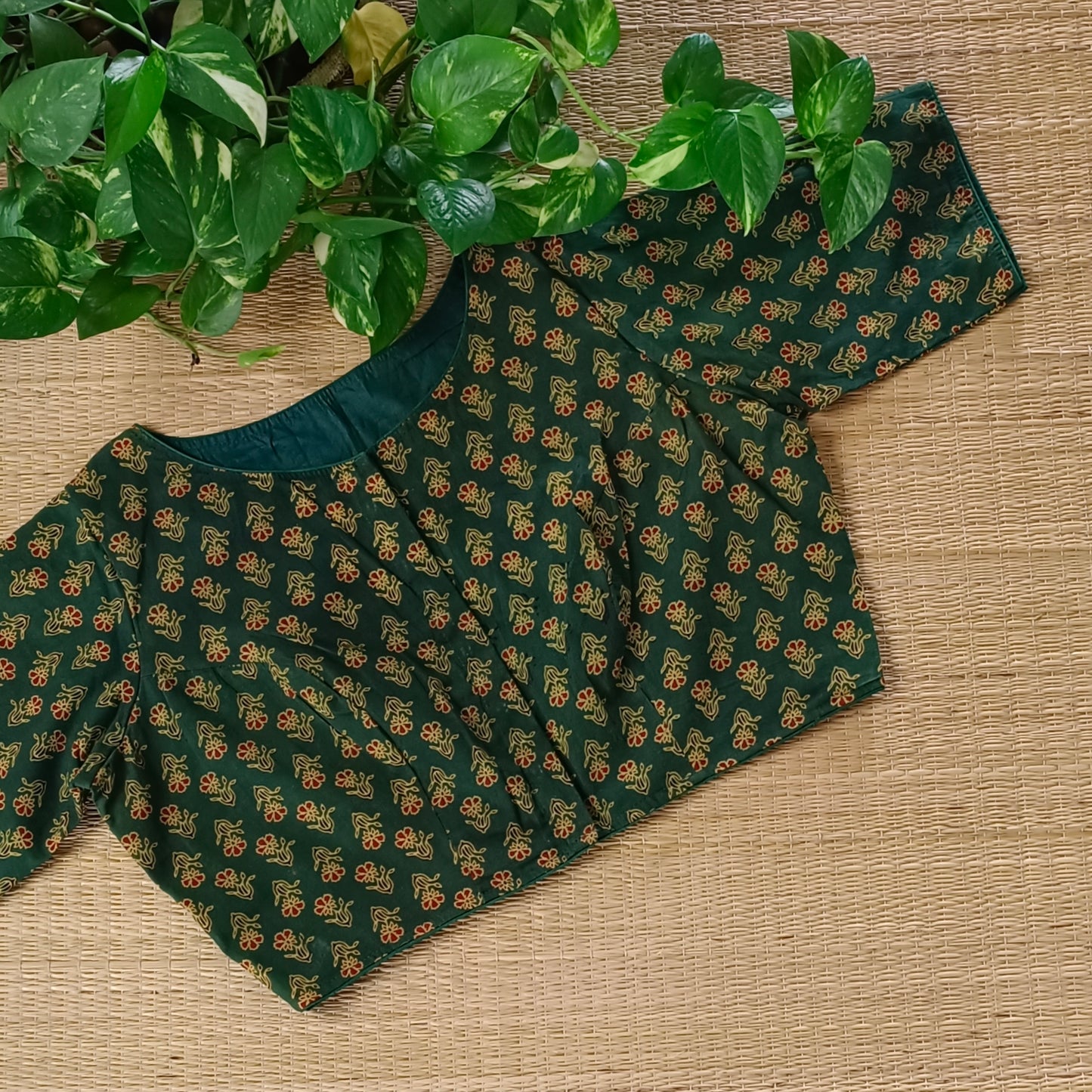 Bottle Green Printed Cotton Boat Neck Blouse