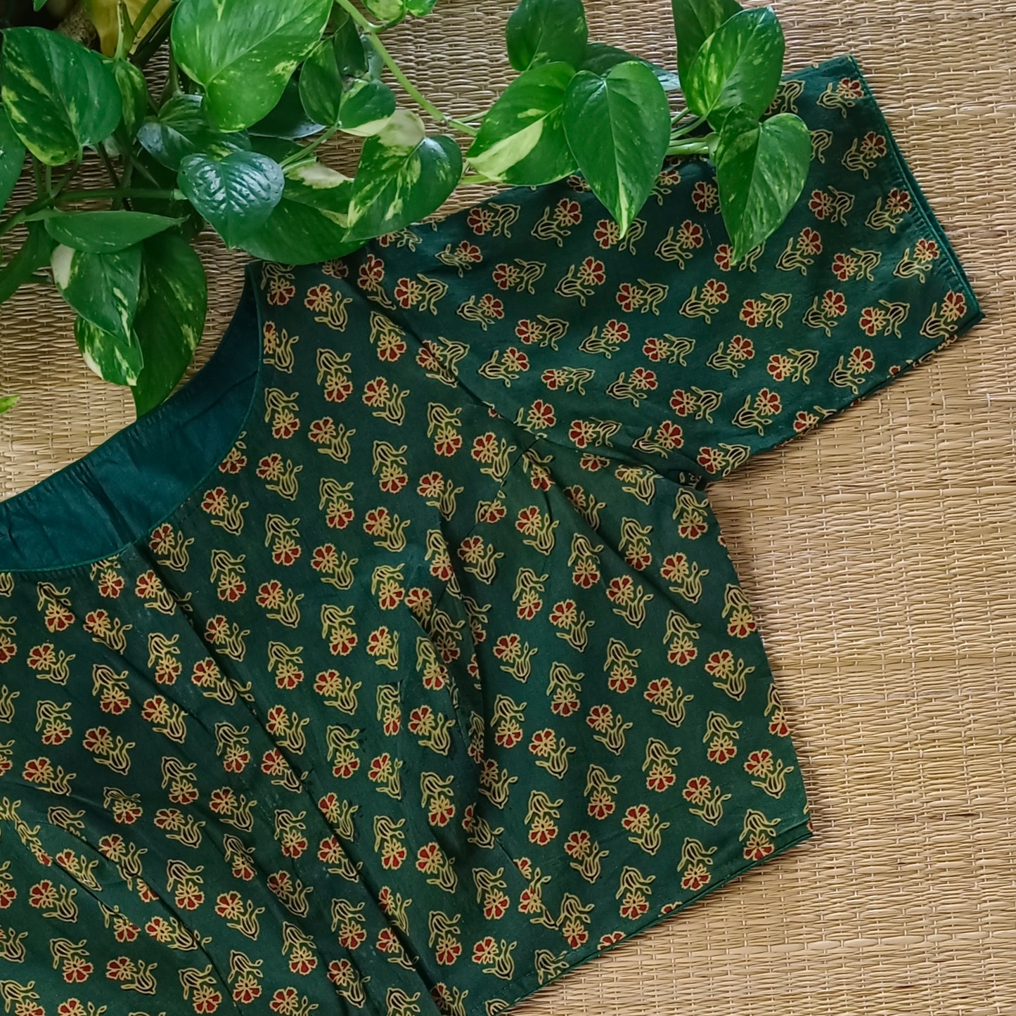 Bottle Green Printed Cotton Boat Neck Blouse