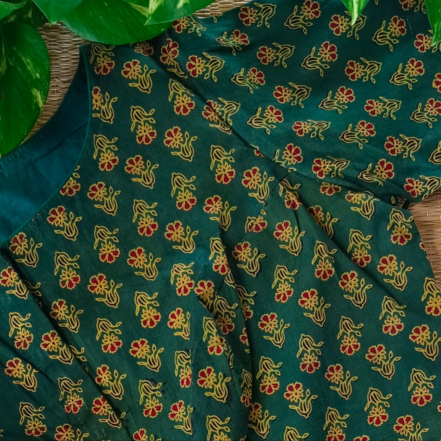 Bottle Green Printed Cotton Boat Neck Blouse