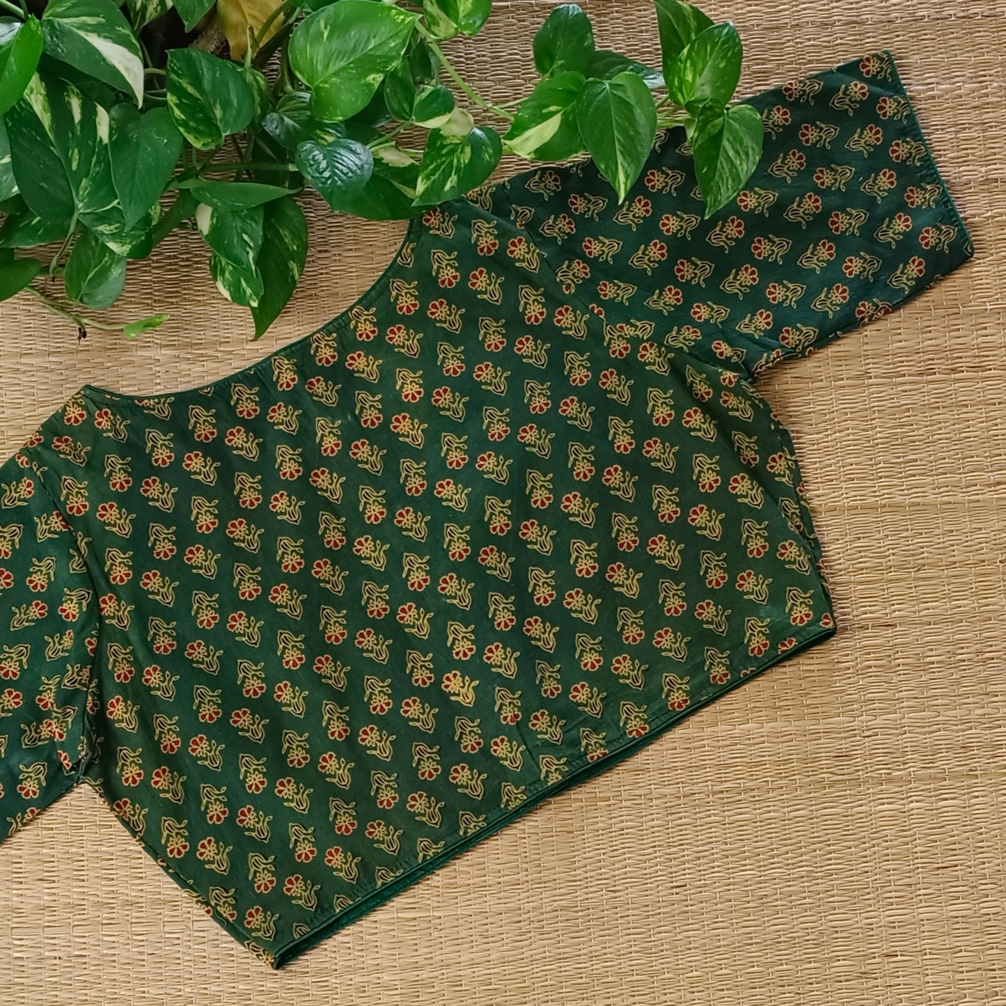 Bottle Green Printed Cotton Boat Neck Blouse
