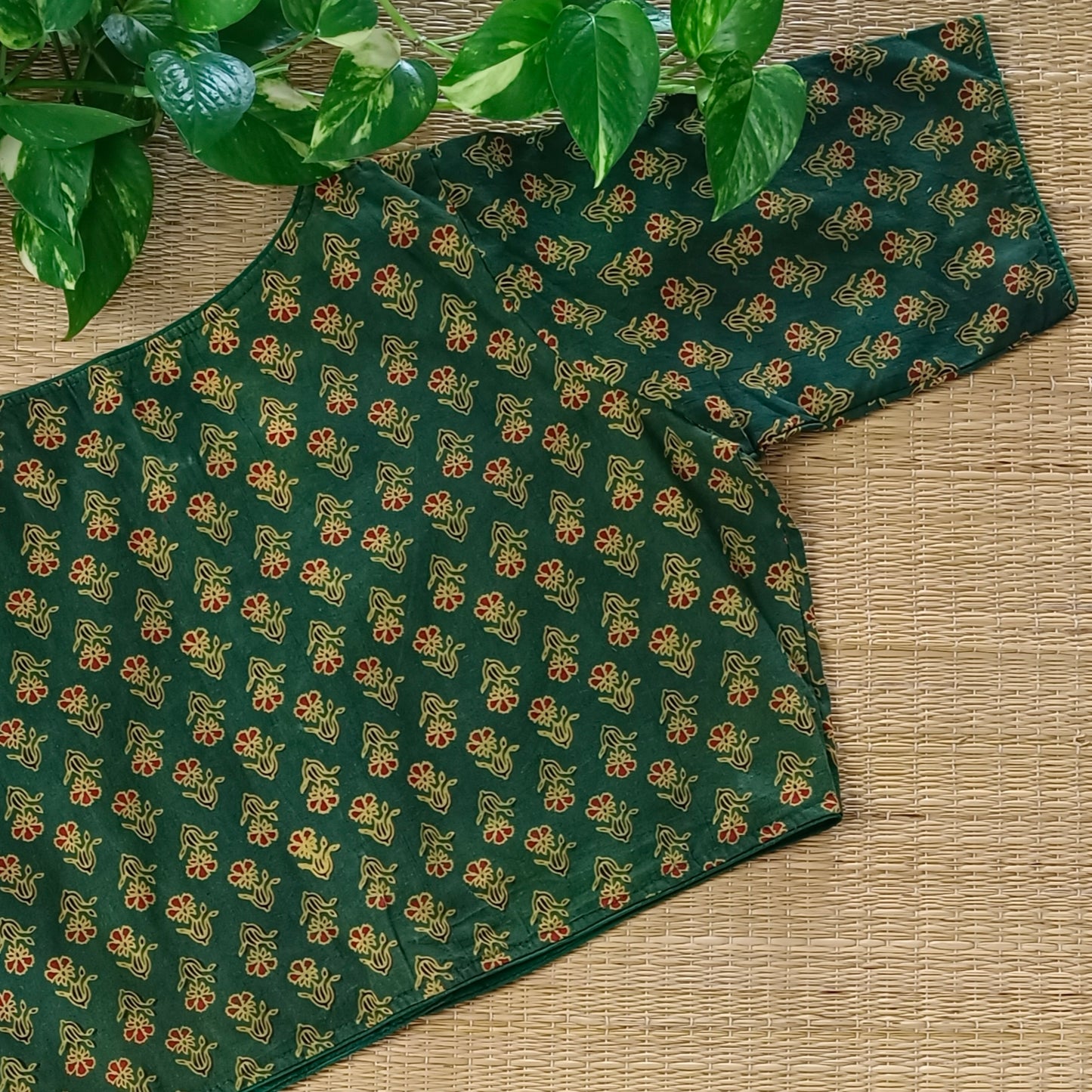 Bottle Green Printed Cotton Boat Neck Blouse