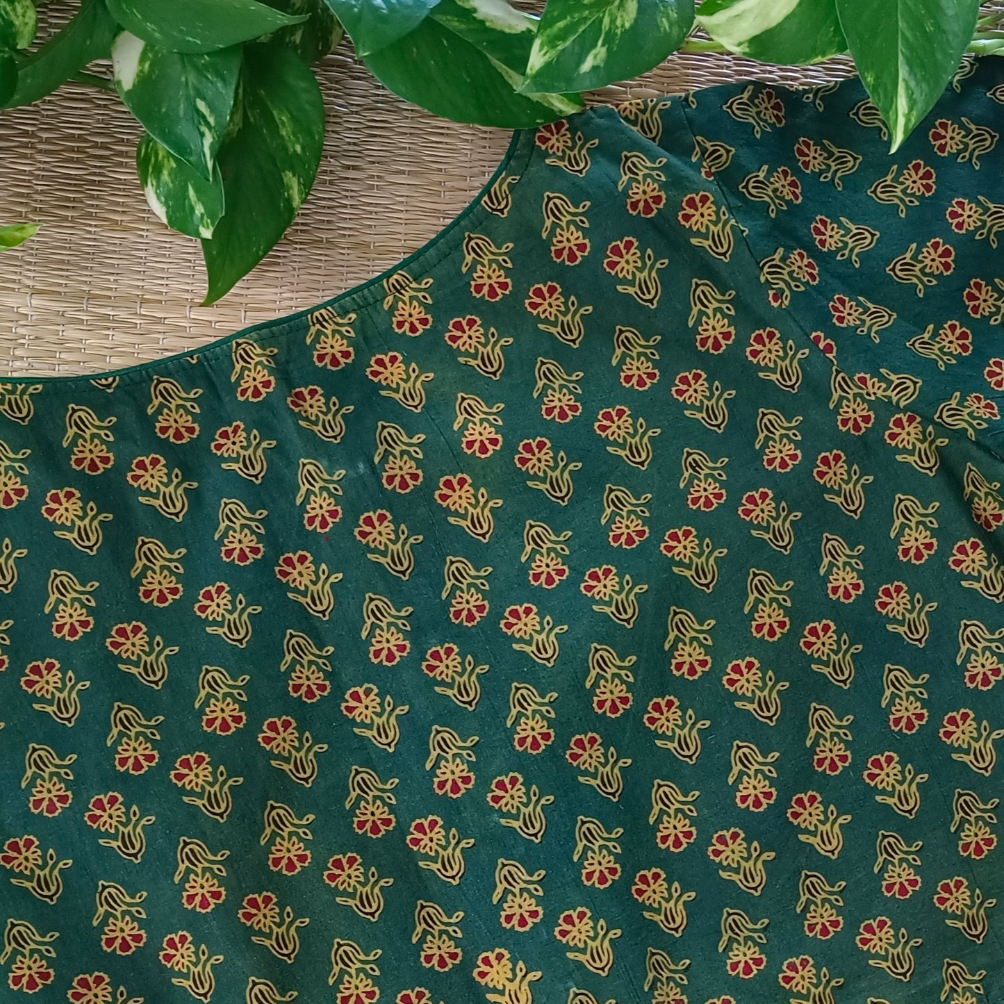Bottle Green Printed Cotton Boat Neck Blouse