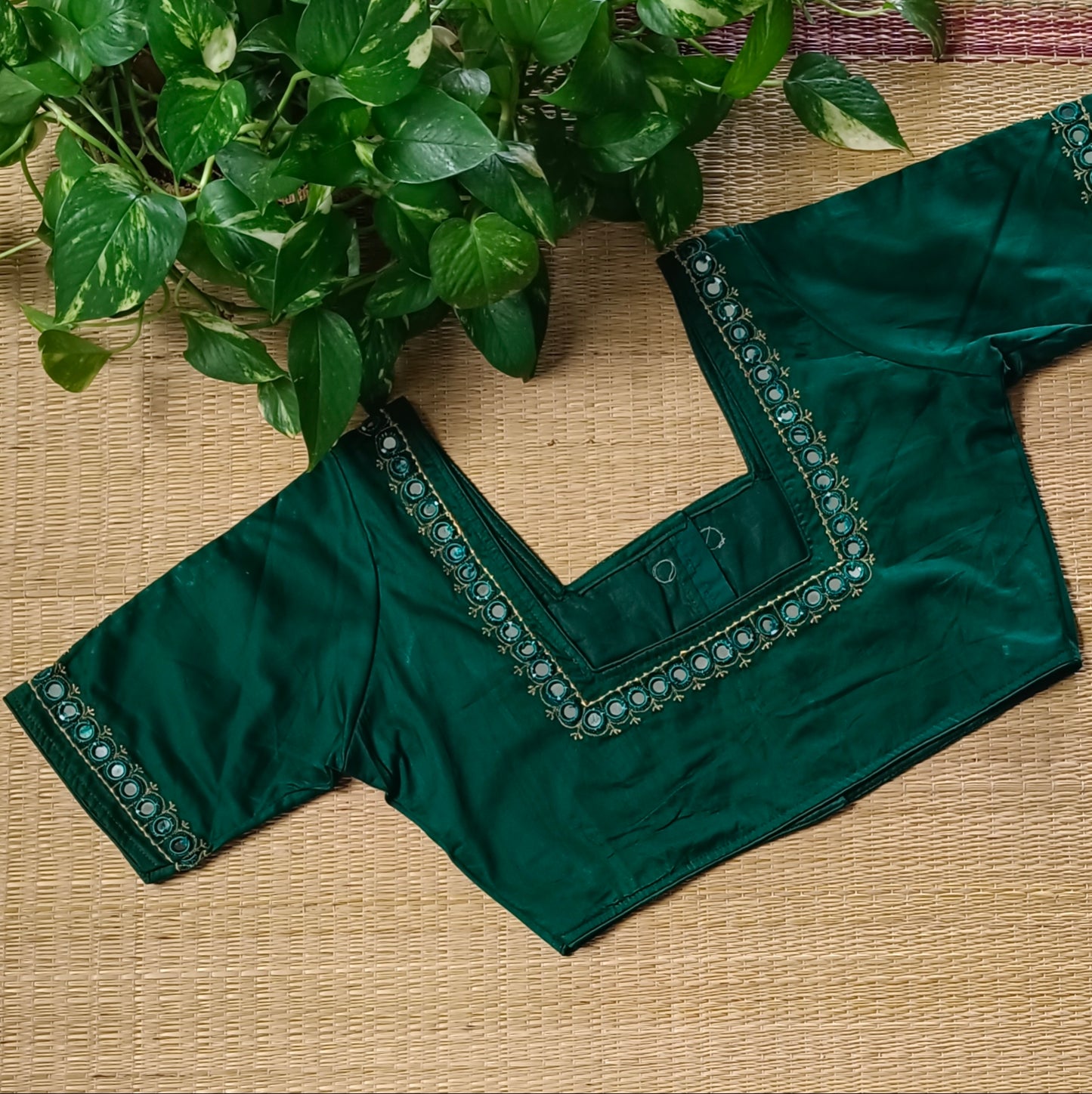 Bottle green mirror work blouse