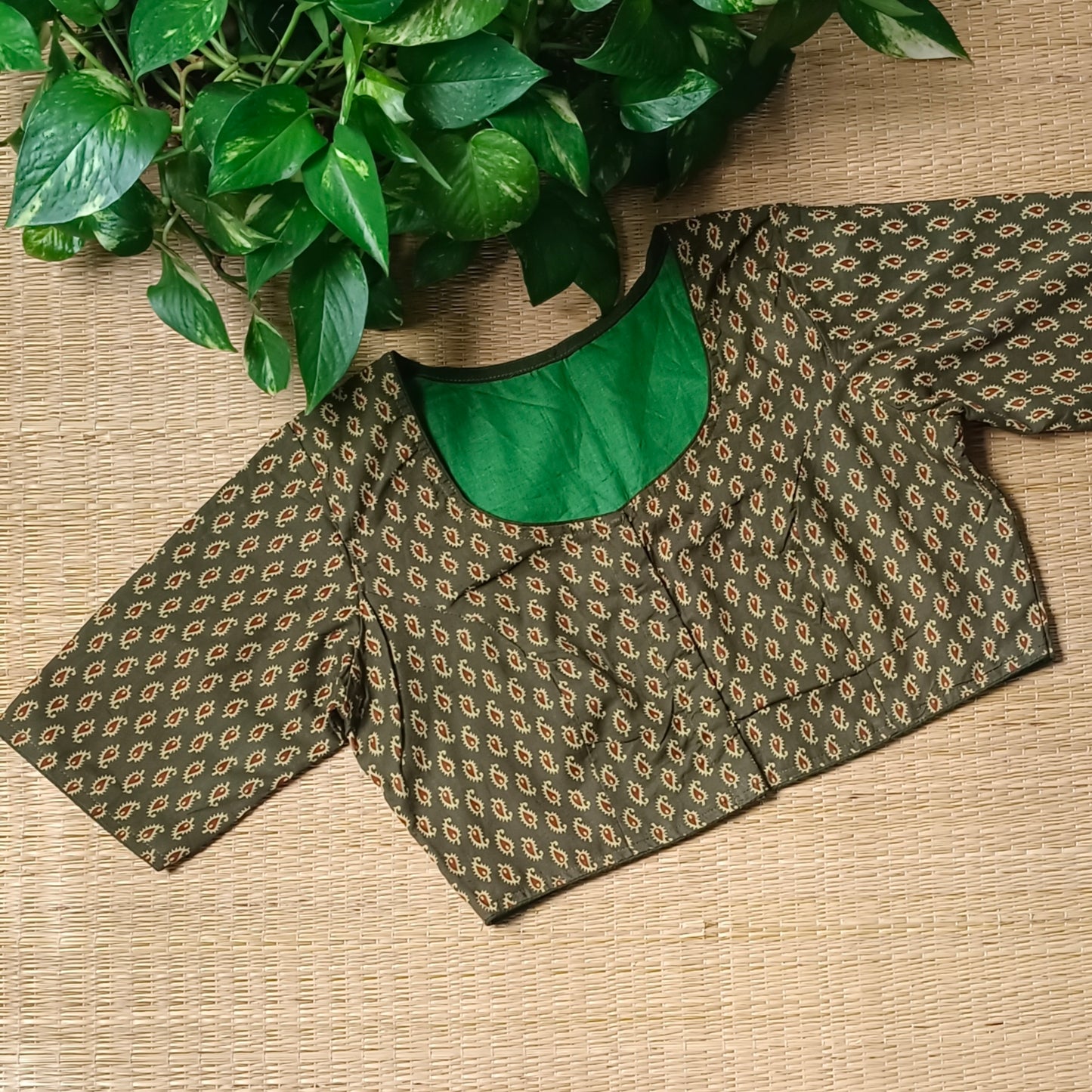 Mehendi Green Ajrak Printed Cotton Blouse
