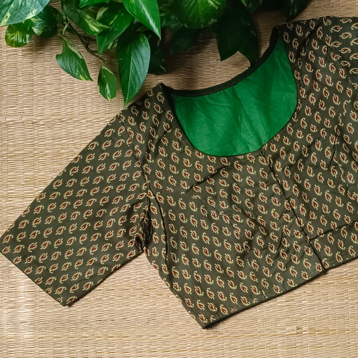 Mehendi Green Ajrak Printed Cotton Blouse