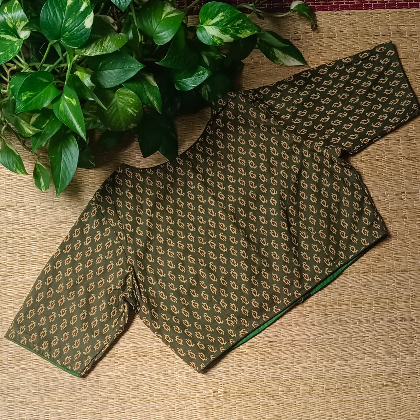 Mehendi Green Ajrak Printed Cotton Blouse