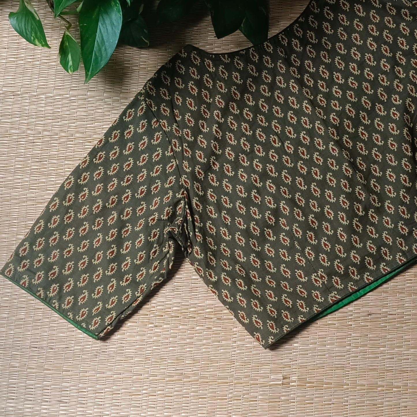 Mehendi Green Ajrak Printed Cotton Blouse