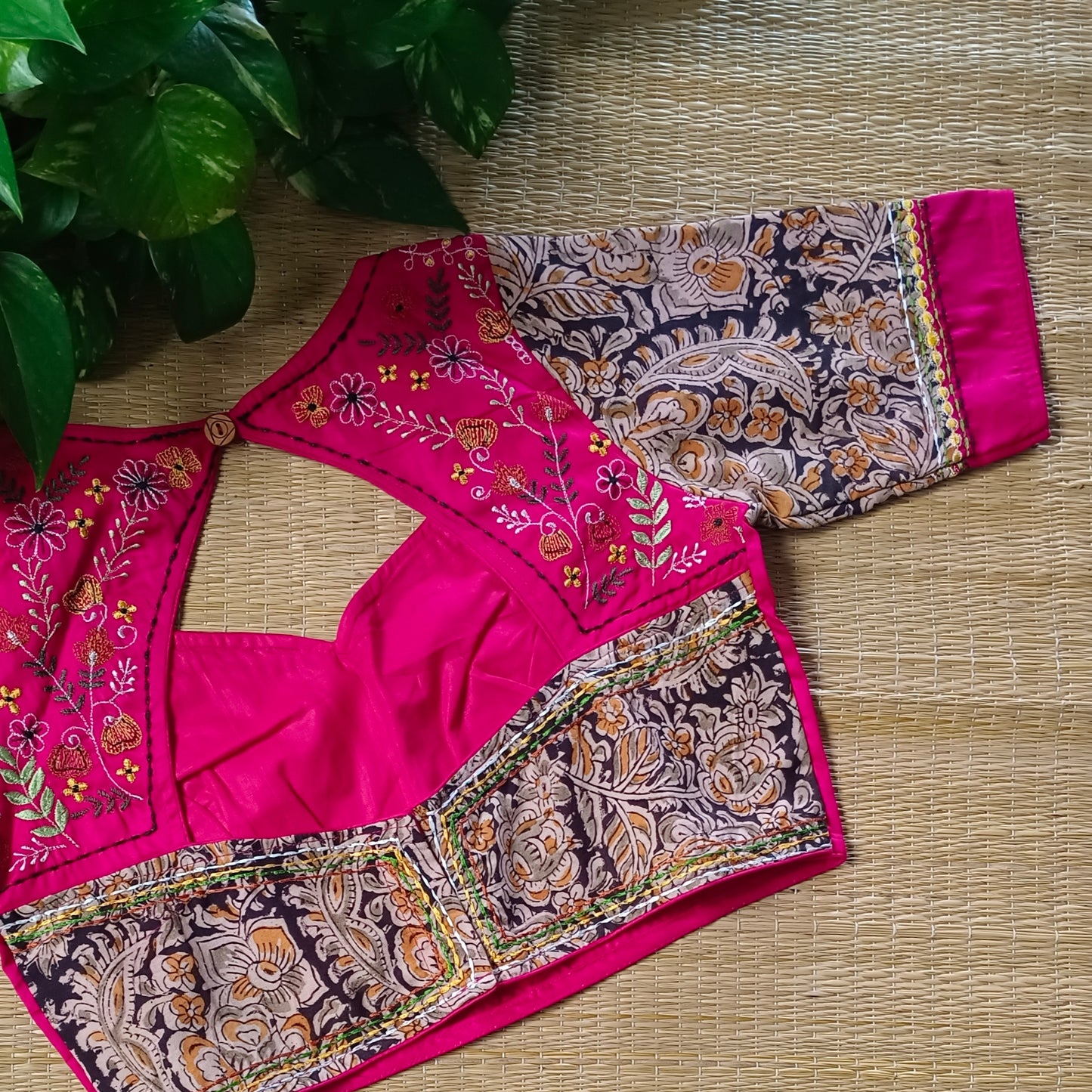 Rani Pink Kalamkari patchwork blouse