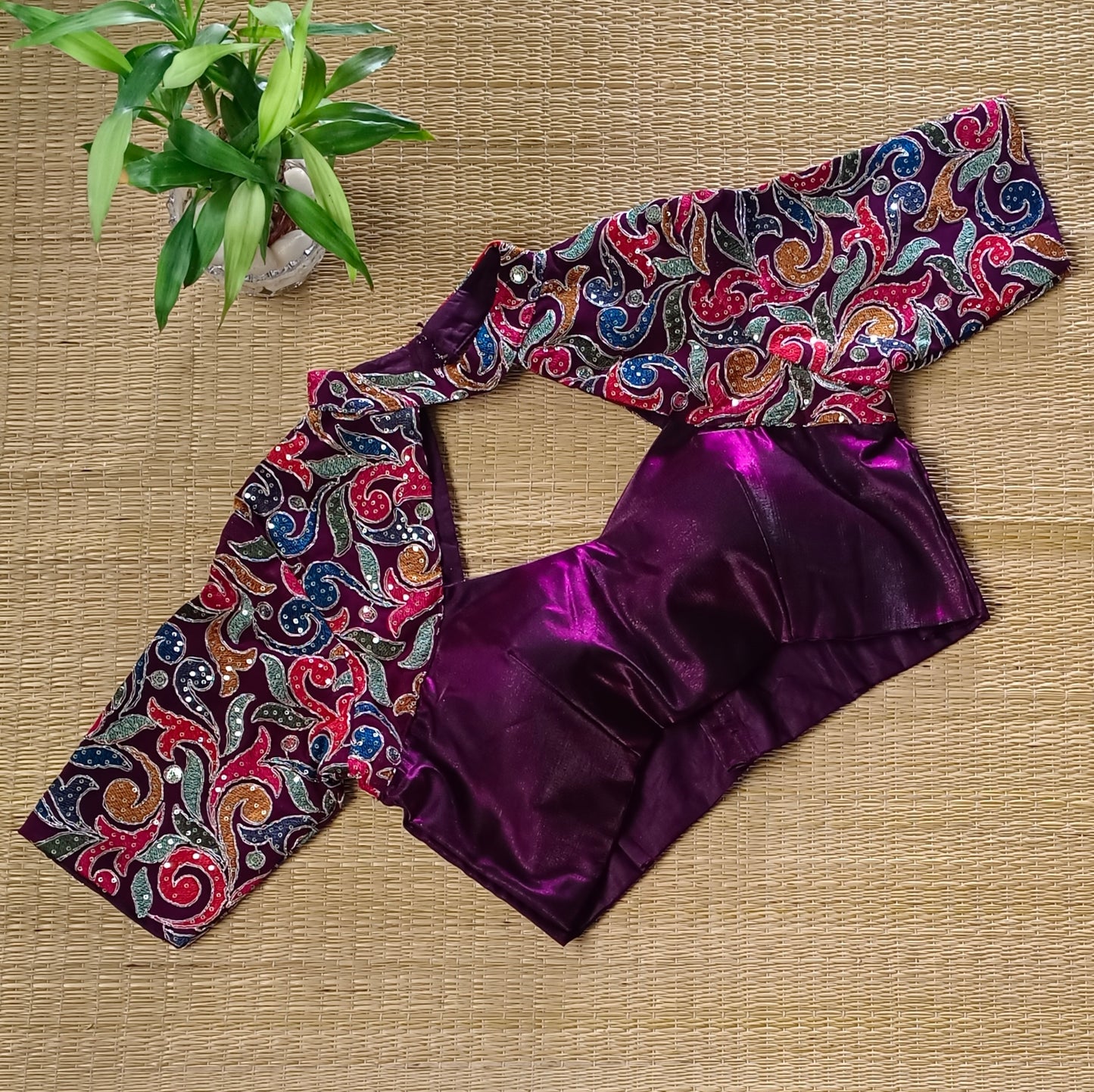 Wine high neck embroidery blouse