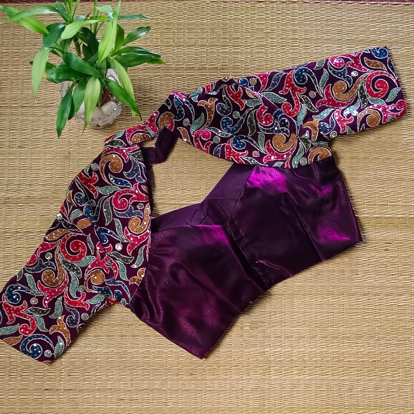 Wine high neck embroidery blouse