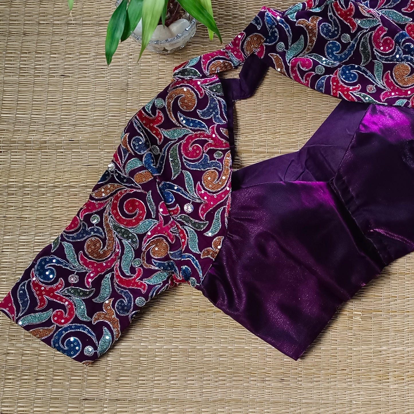 Wine high neck embroidery blouse