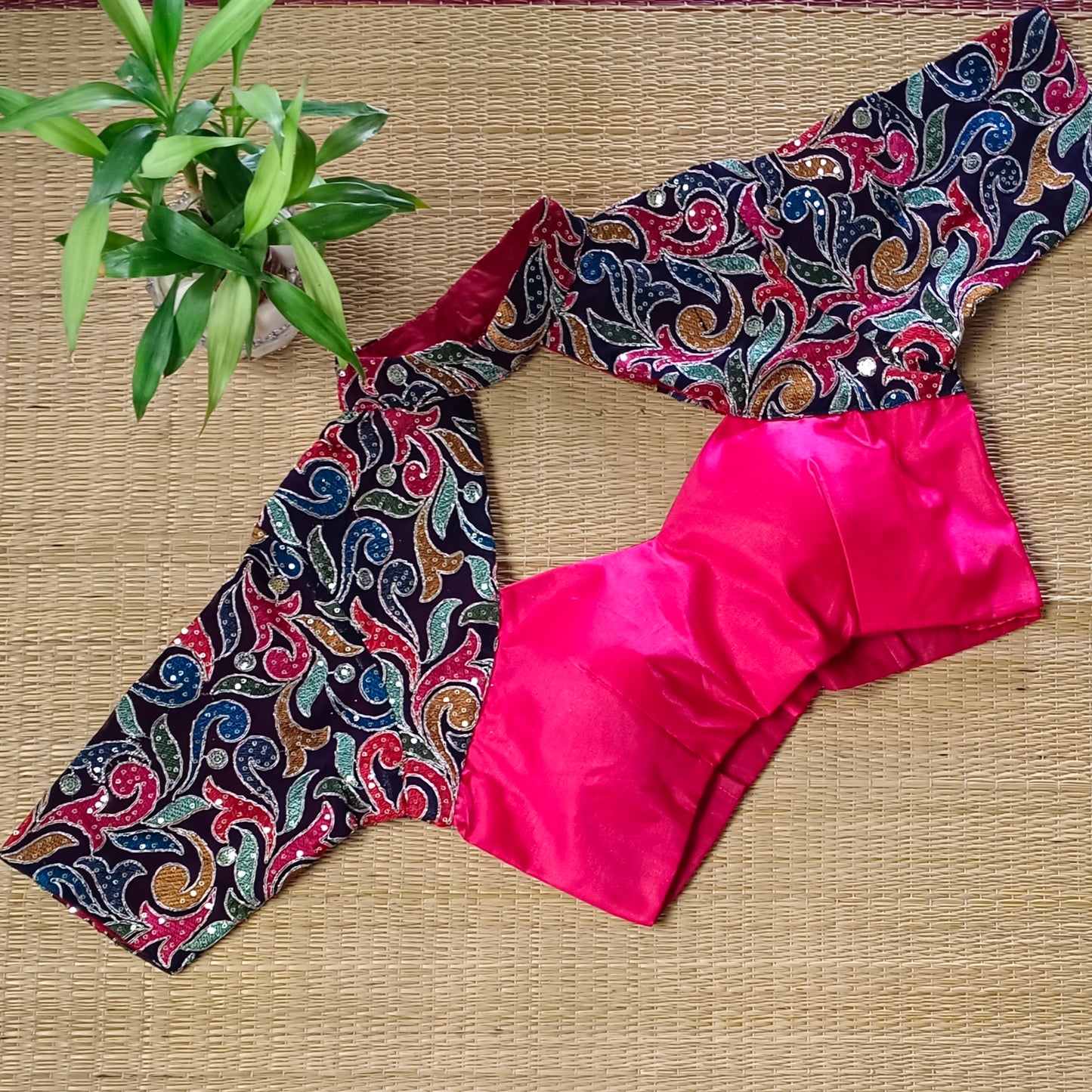 Hot pink high neck embroidery blouse
