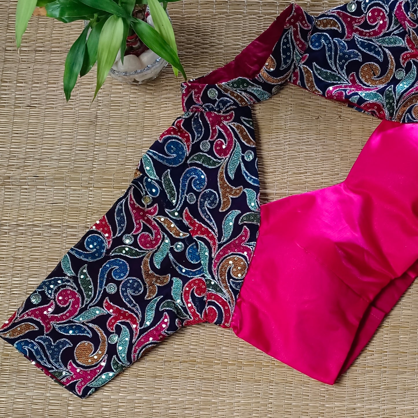 Hot pink high neck embroidery blouse