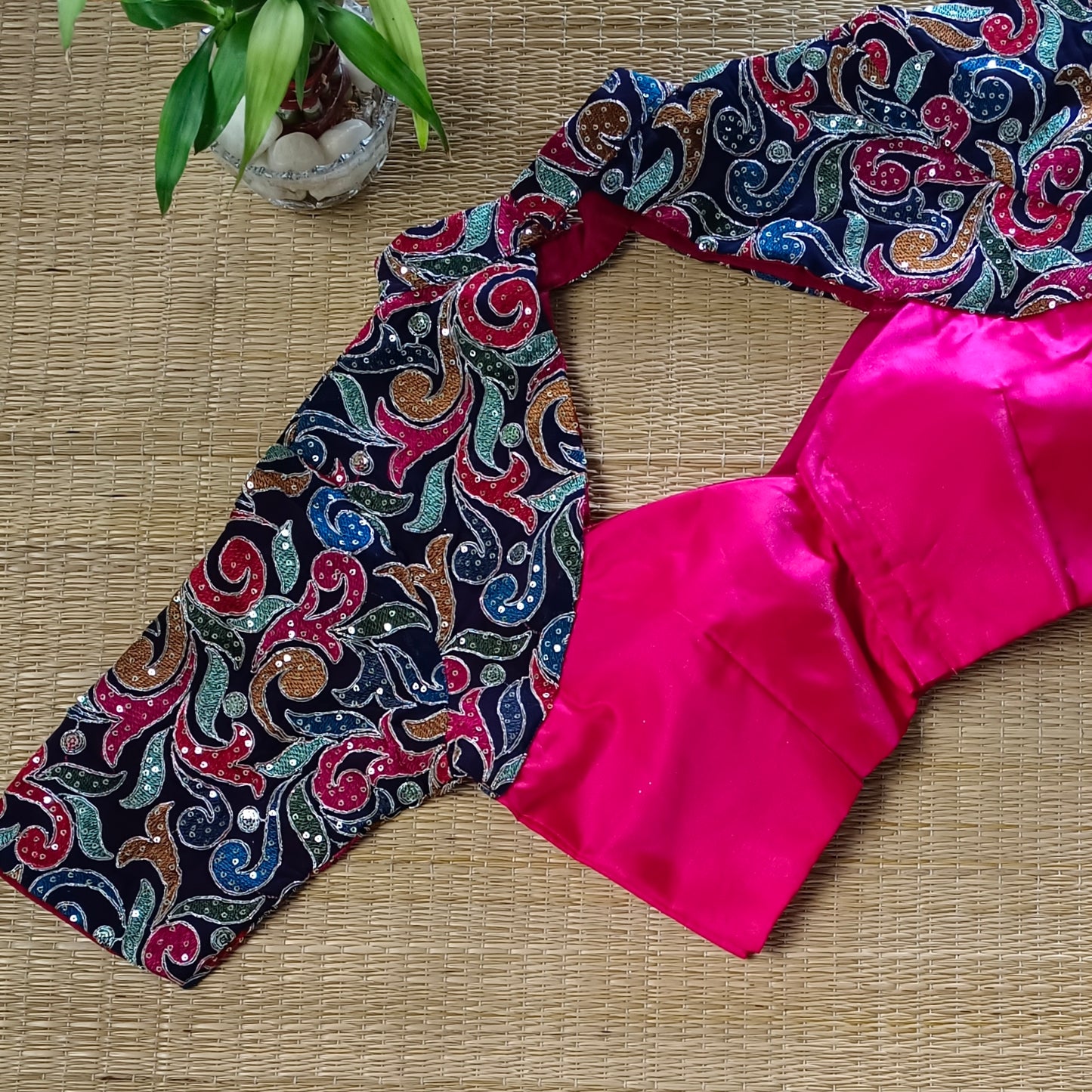 Hot pink high neck embroidery blouse