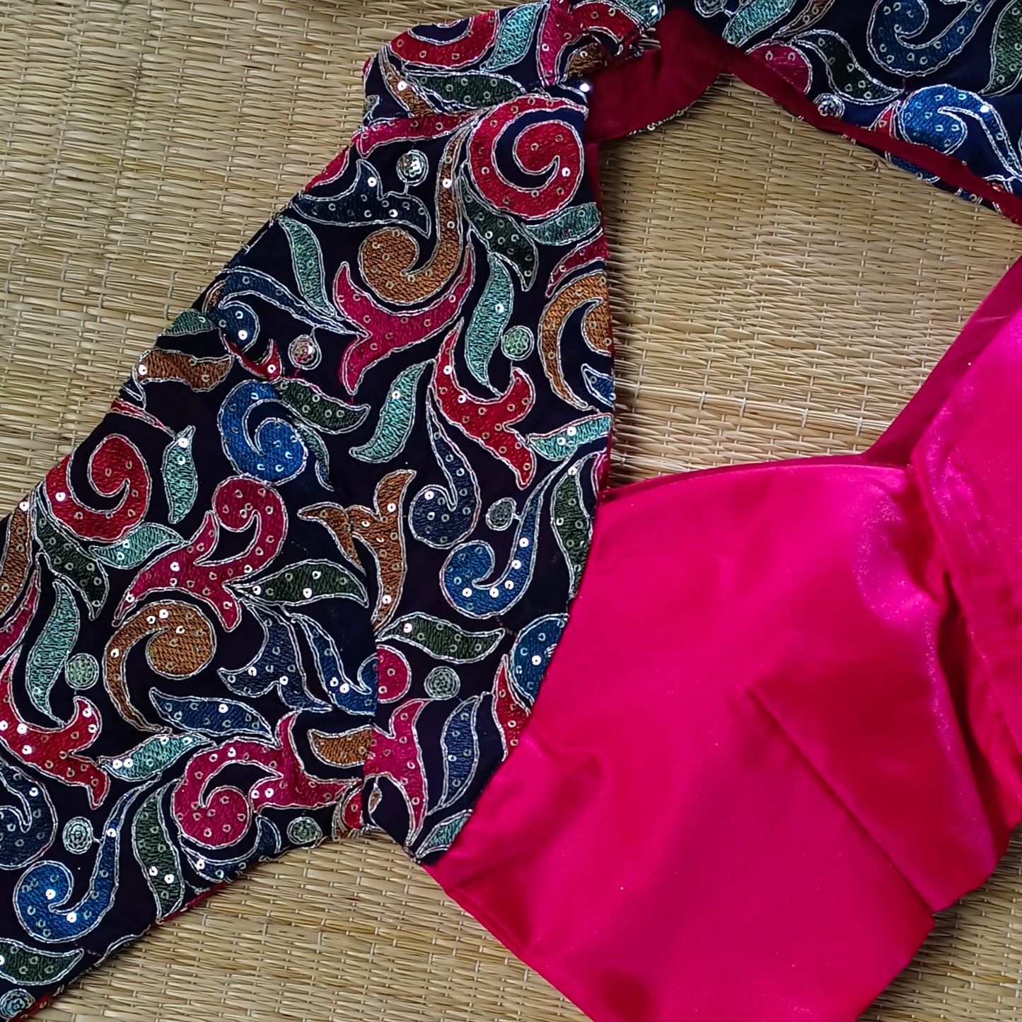 Hot pink high neck embroidery blouse