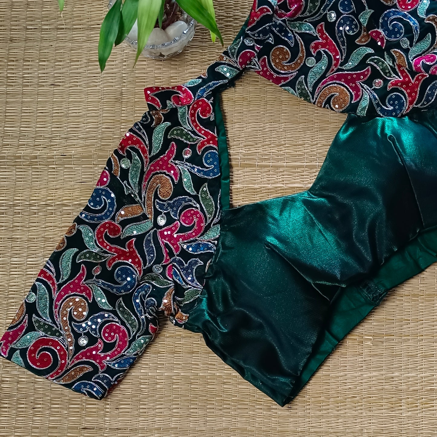 Bottle Green high neck embroidery blouse