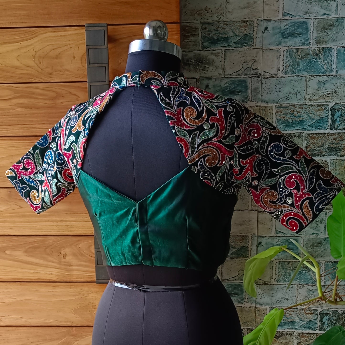 Bottle Green high neck embroidery blouse
