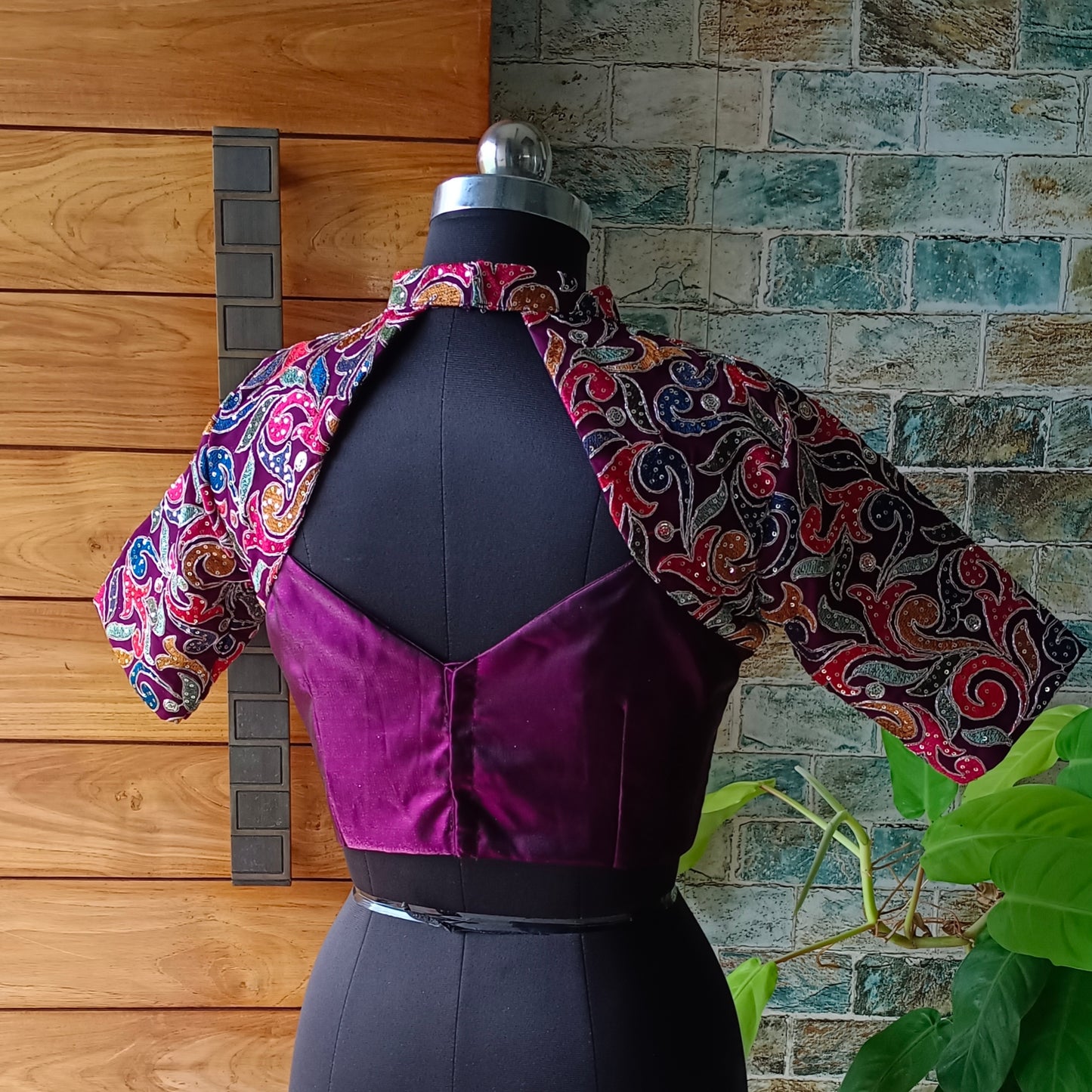 Wine high neck embroidery blouse