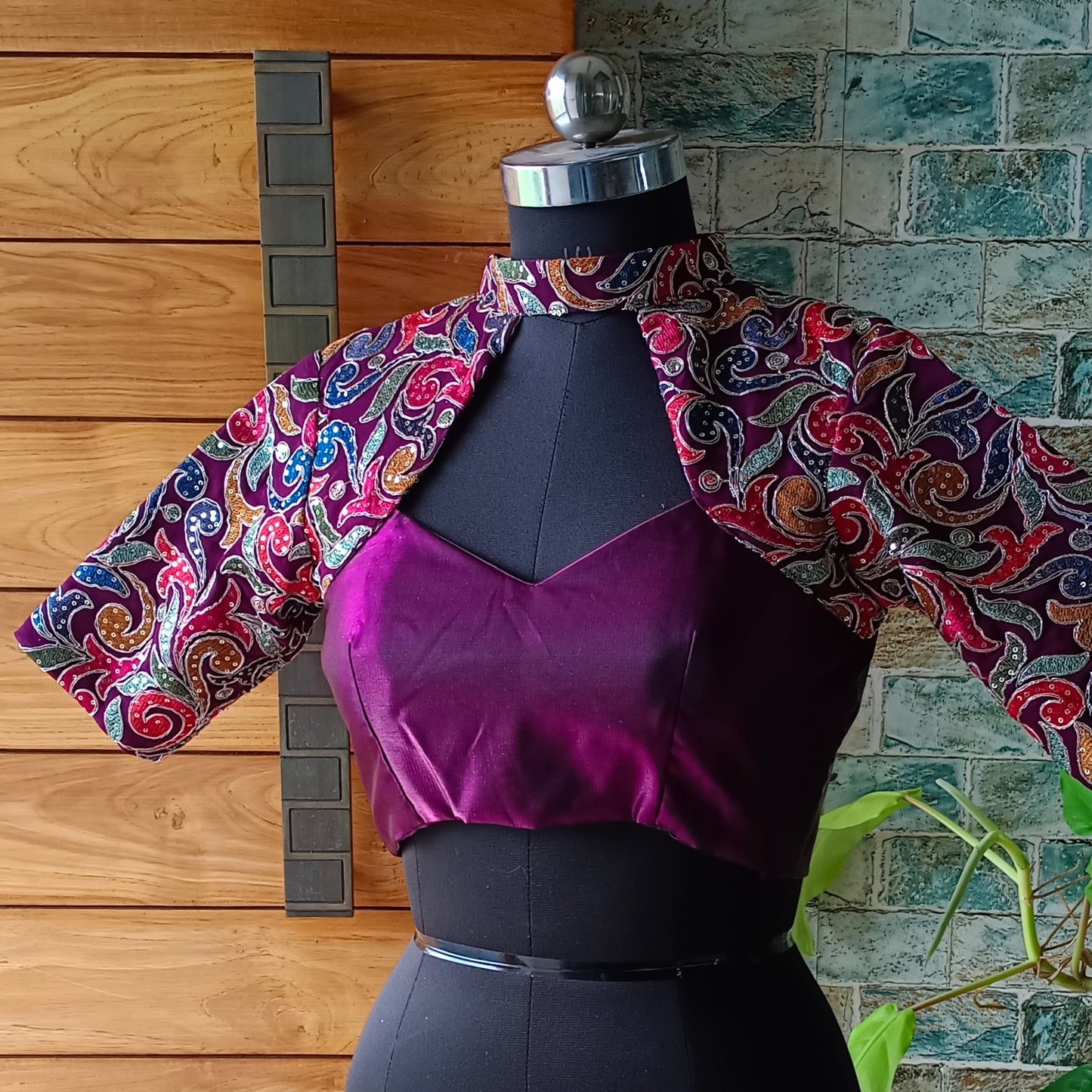 Wine high neck embroidery blouse