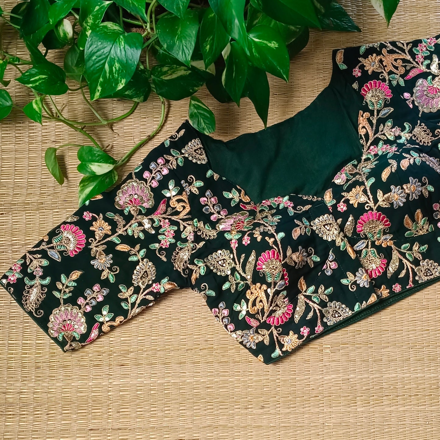 Bottle Green crepe code work blouse