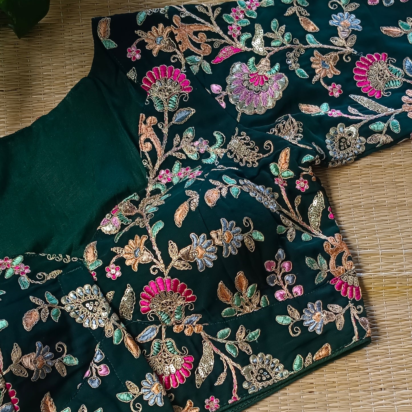 Bottle Green crepe code work blouse