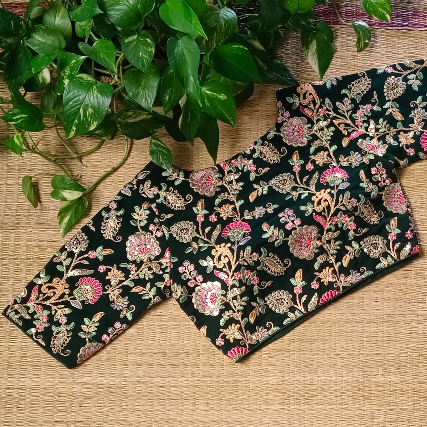 Bottle Green crepe code work blouse