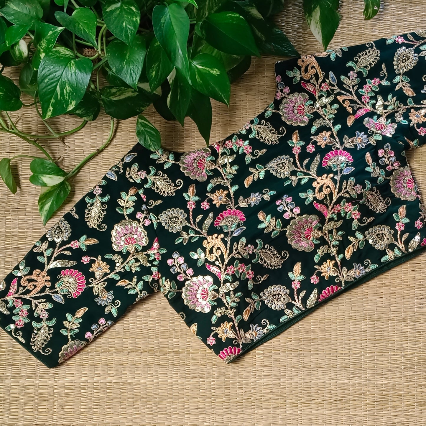 Bottle Green crepe code work blouse