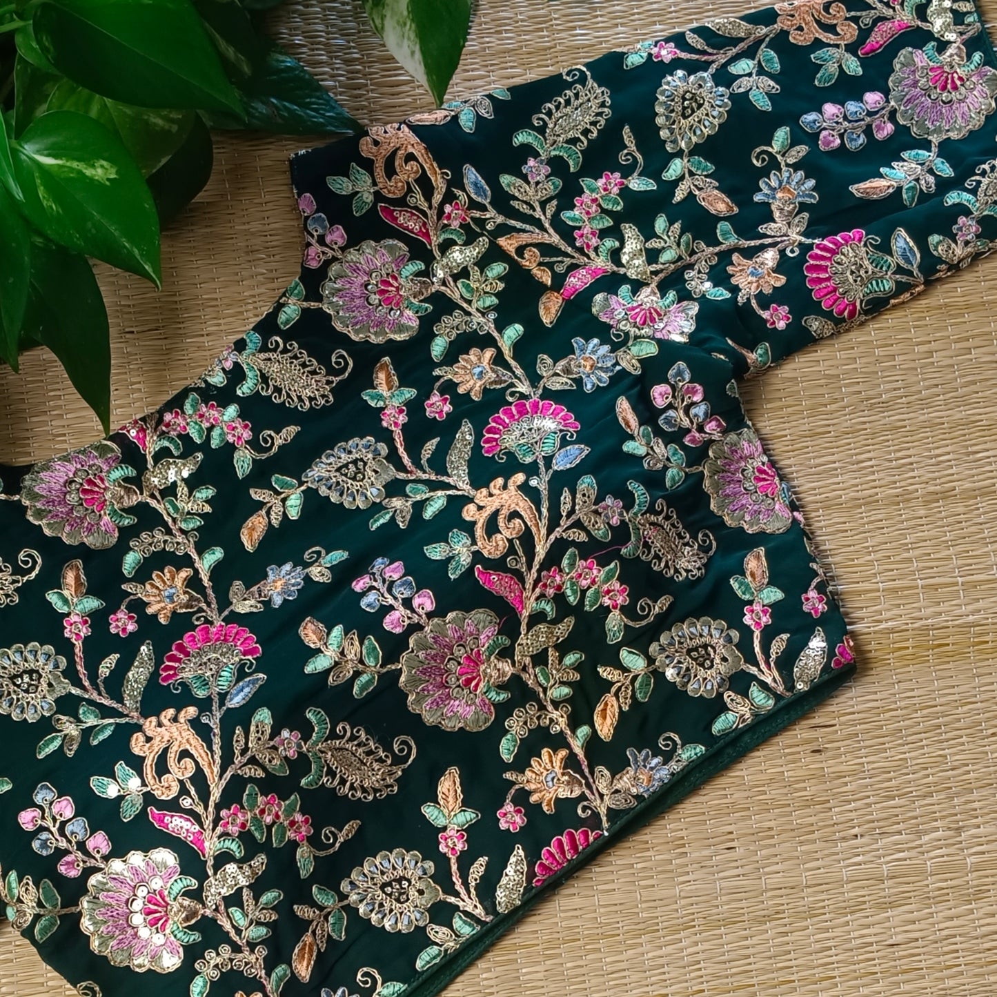 Bottle Green crepe code work blouse