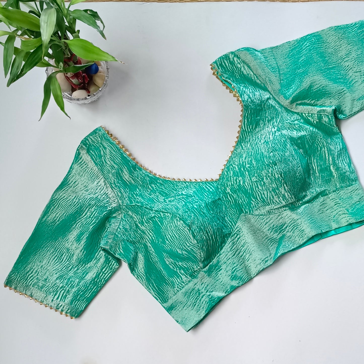 Metallic rama green crush tissue blouse