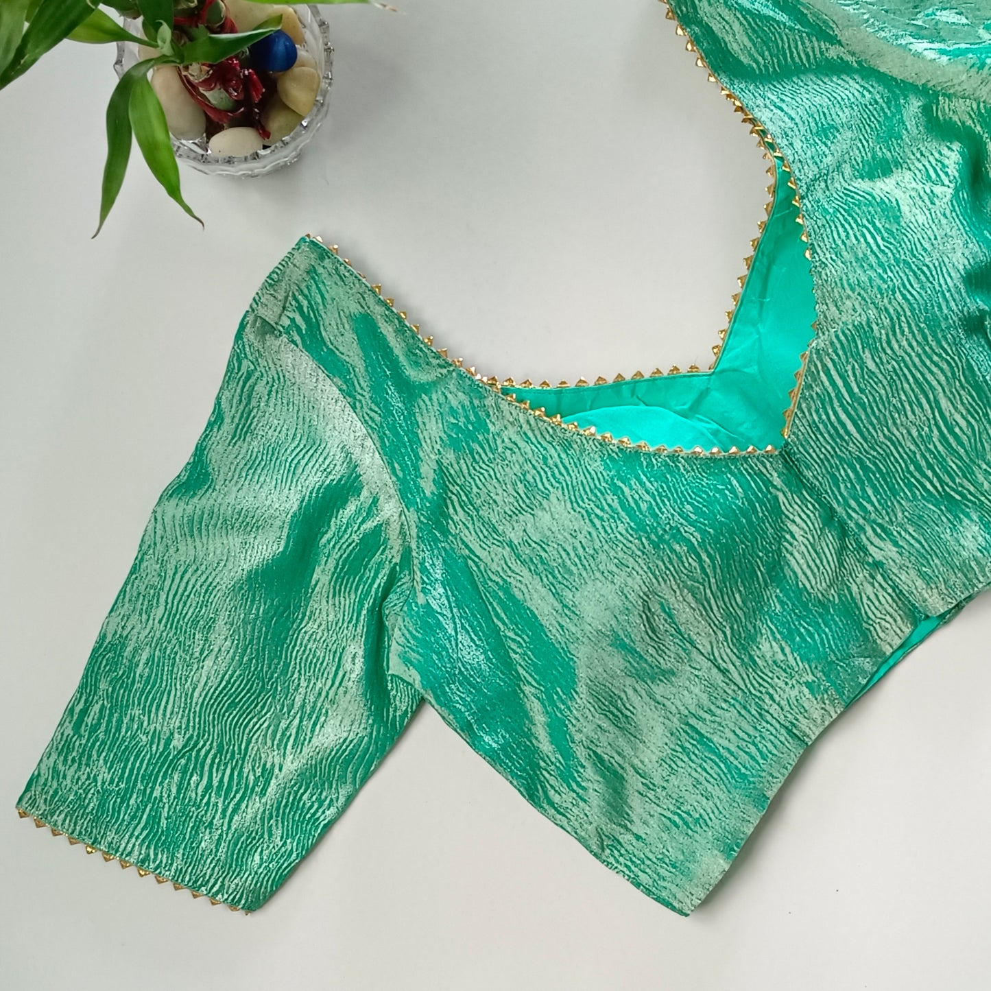 Metallic rama green crush tissue blouse